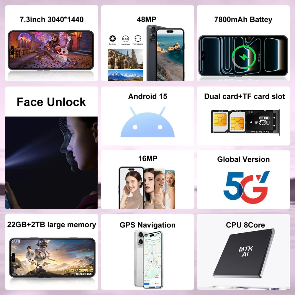 K-Touch NEW Smartphone Android 5G For 17 Pro Max Smart Mobile Phones Dual Sim 22G+2TB 7.3inch HD Cell Phone Face Unlocked 16+48MP 4G 5G Dual SIM 7800mAh Battery HOT