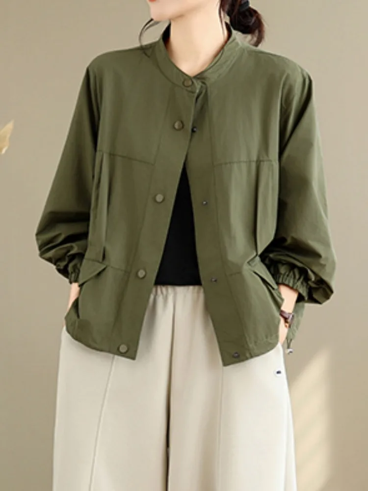 Fashionable Simple Stand Collar Pleated Motorcycle Jacket Women's Autumn High-End Short Top Outerwear Age-Defying Casual Wear