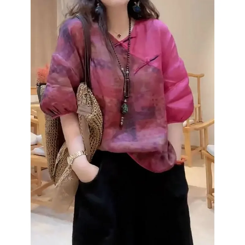 

Женская винтажная блузка в китайском стиле с эффектом тай-дай, на пуговицах-лягушках, с V-образным вырезом и пышными рукавами, из льна