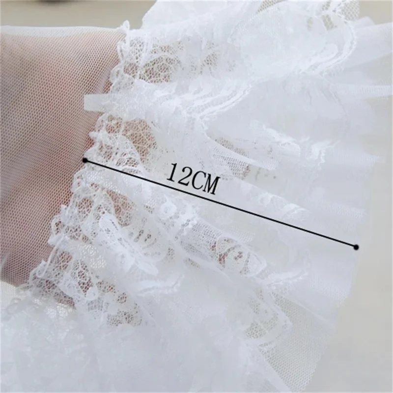 12CM Wide Four Layers White Black Tulle Mesh Embroidery Guipure Lace Ruffle Trim Princess Dolls Fluffy Dress Fringe Sewing Decor