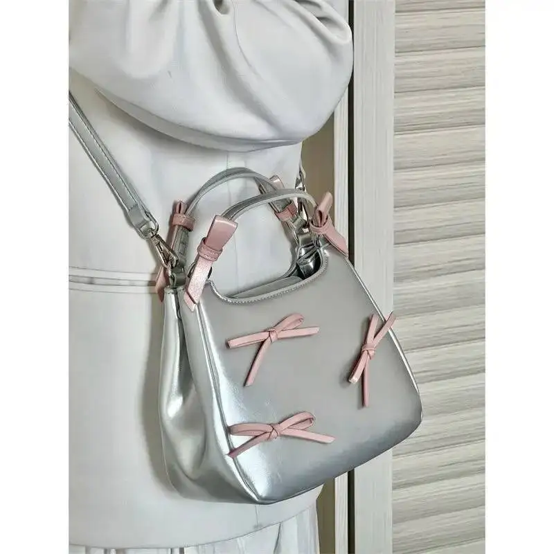 Bloom Hot Girls Y2k Hand Purse Female Sweet Cool Bow Handle Blue Bucket Bag Women Haruku Aesthetic Casual Crossbody Bags