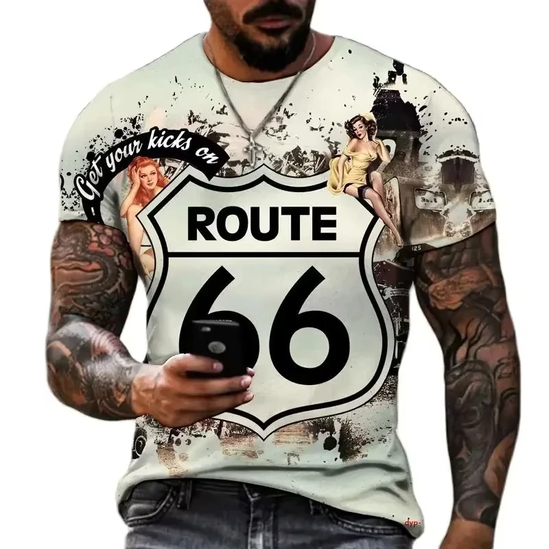 

The Latest Men's Clothing 3d Printed Men's Highway 66 T-Shirt Top Men's Loose Casual Fashion Retro Oversized Short Sleeves