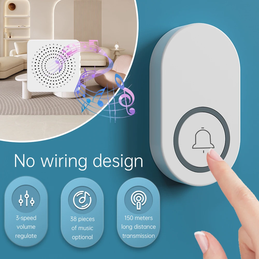 Wireless Doorbell Long-Distance 150M | 38 Melody | Safety Alarm CR2032 Battery Powered