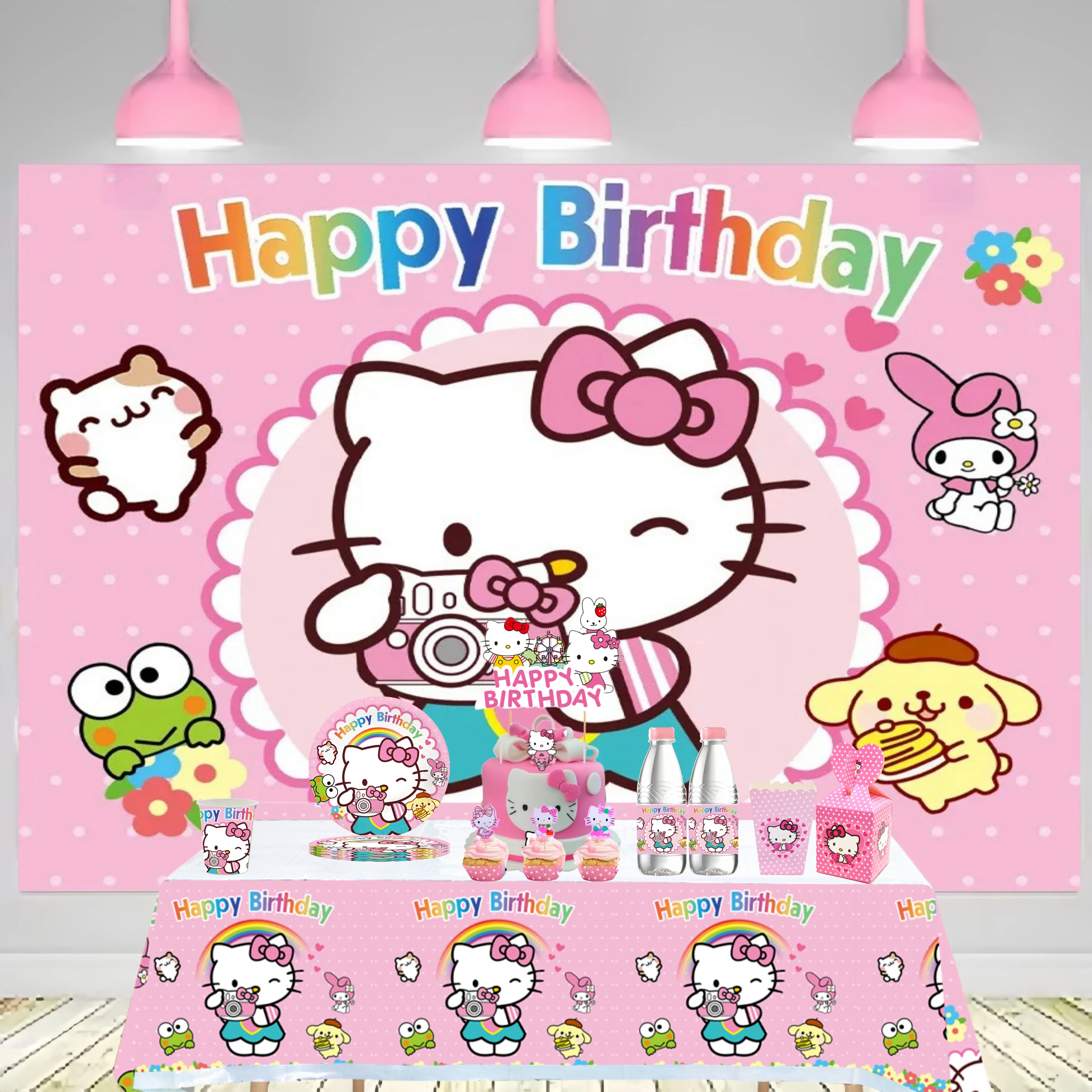 ديكور حفلة عيد ميلاد Hello Kitty ، أدوات مائدة للاستعمال مرة واحدة ، مفرش مائدة ، كوب ، طبق ، حقيبة هدايا ، هدايا للفتيات ، مستلزمات الحفلات ، هدية