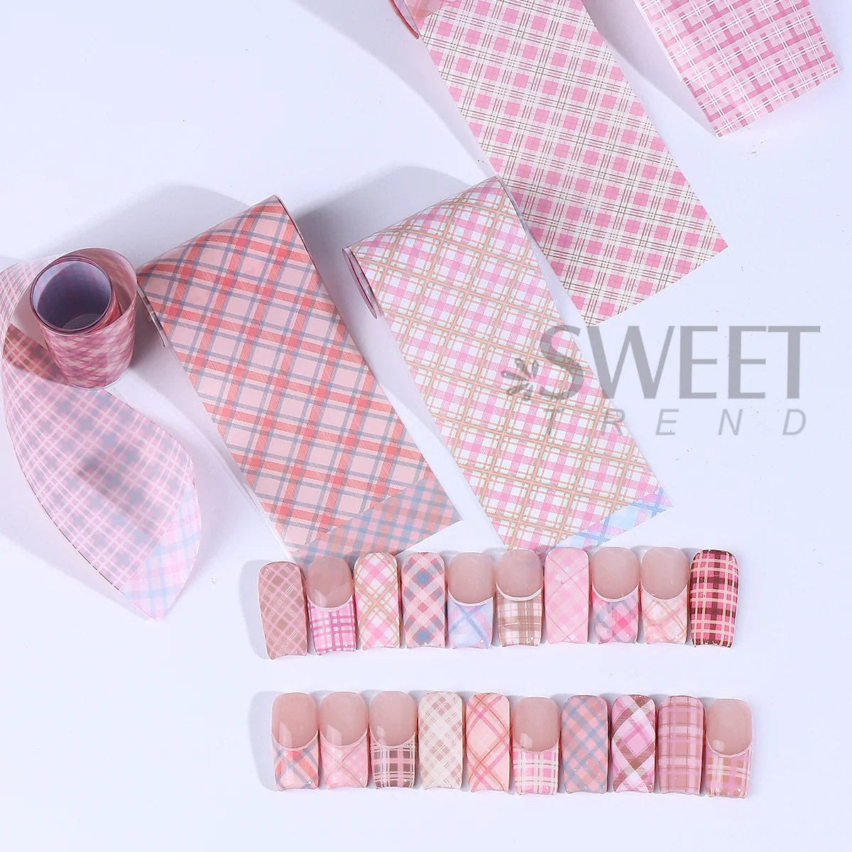 10롤/박스 핑크 체크무늬 디자인 네일 트랜스퍼 포일 - Nail Art Valentines Day 리뷰 및 가격