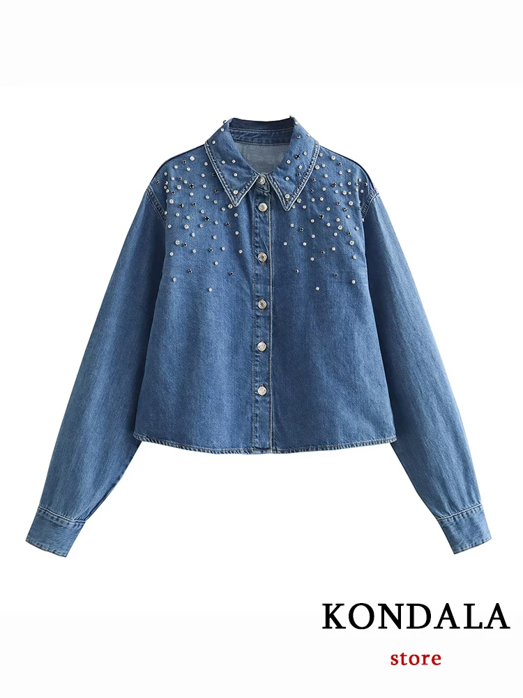 KONDALA New Chic Straight jewel Women Shirt Fashion 2023 Autumn Long Sleeve Casual Streetwear Straight Loose Button Short Blouse