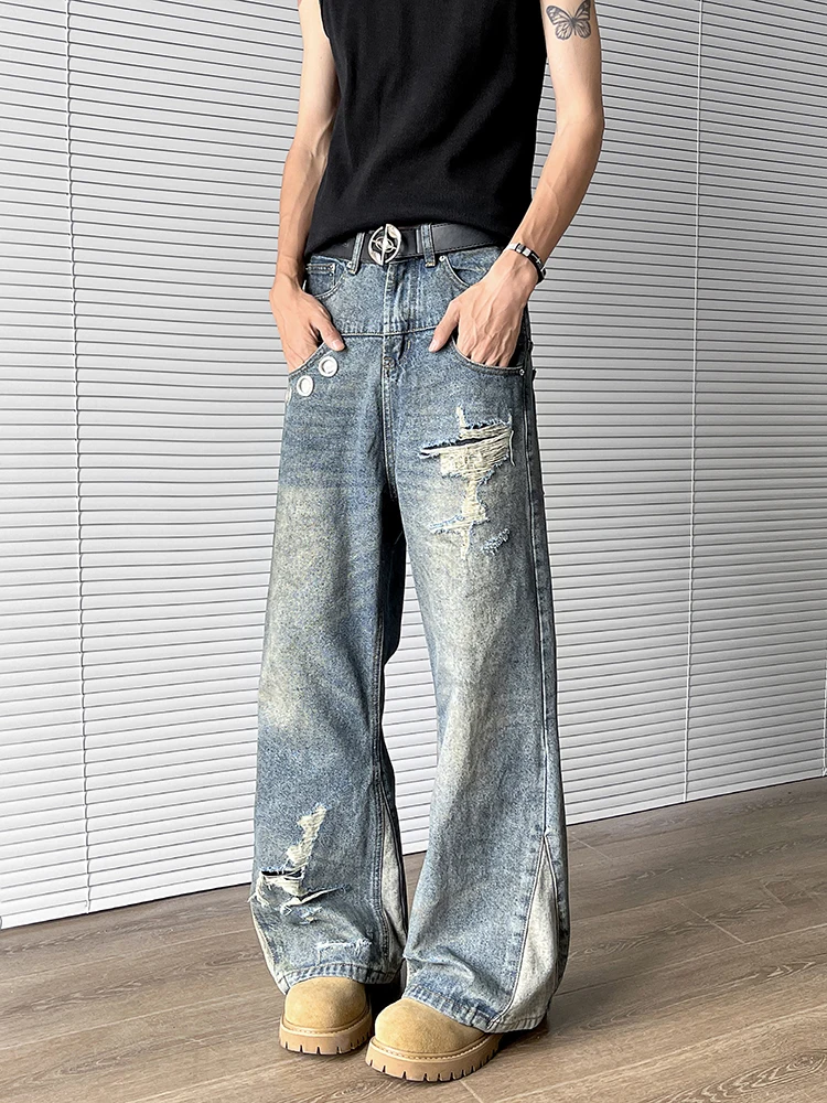 

Retro American Vintage Distred Wide Leg Jeans Men's Trendy High Street Cleanfit Flared Trousers Youth ular Denim Pants