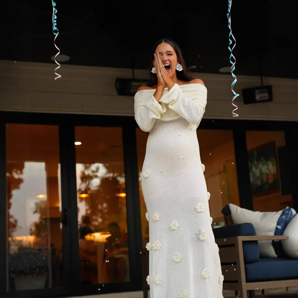 Elegancka sukienka maxi z odkrytymi ramionami, kwiatami 3D, dla kobiet, z długim rękawem, w jednolitym kolorze, dopasowana, na imprezę, do klubu, na wieczór, na studniówkę.