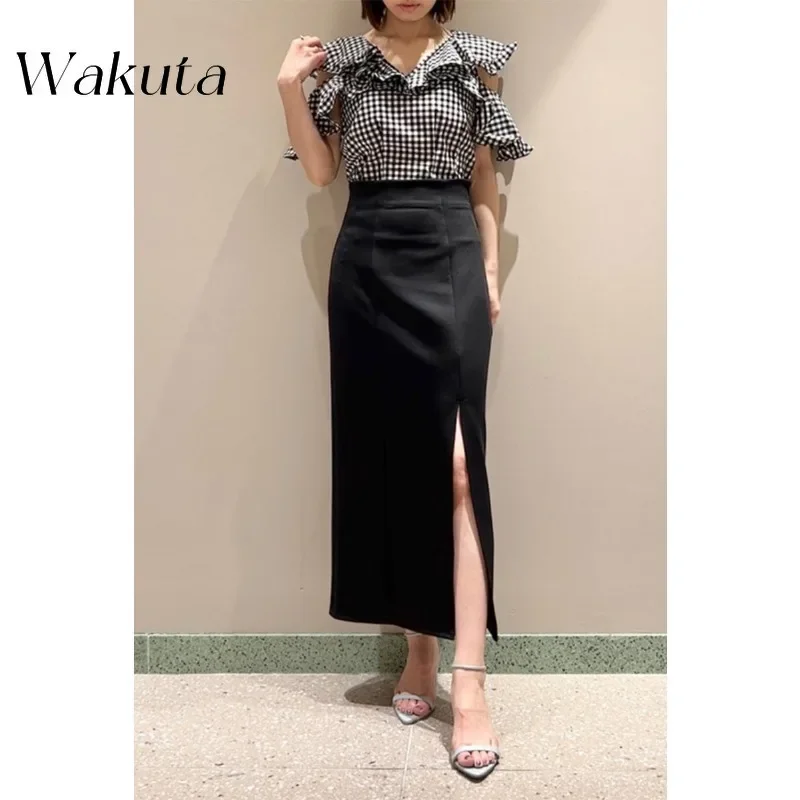 Wakuta Fashion High Waist Side Split Dresses Skinny Aesthetic Trendy Robes Elegant Summer Japanese Simple Straight Vestidos