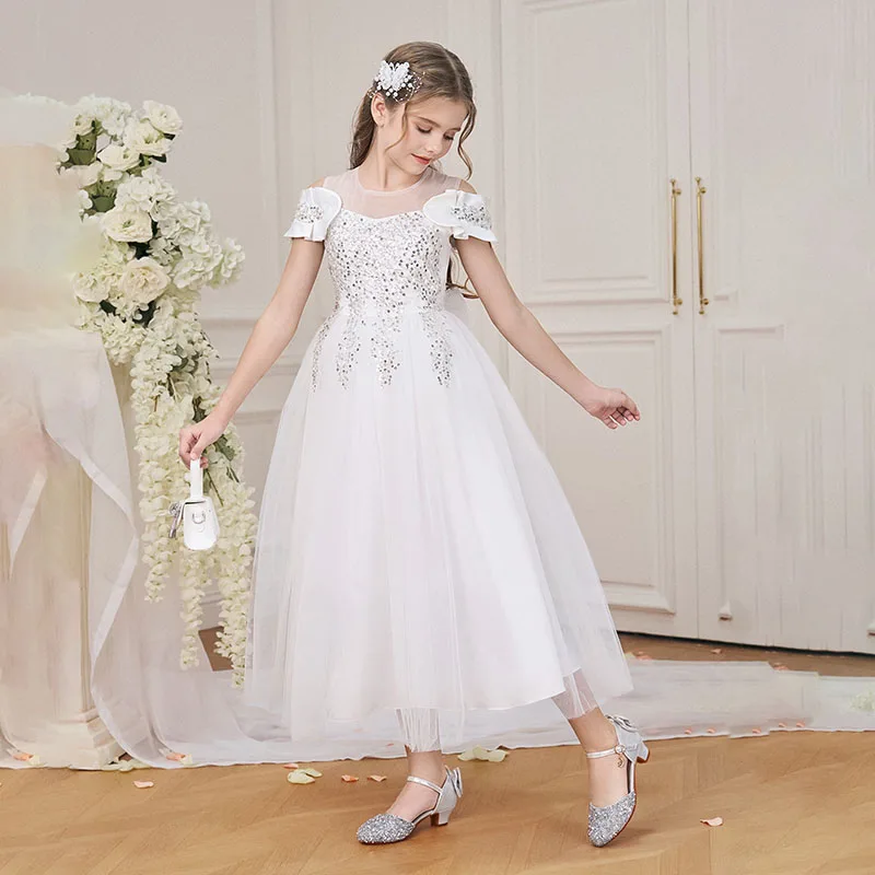 

Bow Sequins Girls Princess Dress Lace Tulle Long Kids Party Dress Wedding Elegant Bridesmaid Baptism Prom Birthday Evening Gown