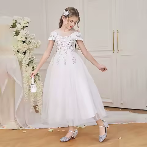 Bow Sequins Girls Princess Dress Lace Tulle Long Kids Party Dress Wedding Elegant Bridesmaid Baptism Prom Birthday Evening Gown