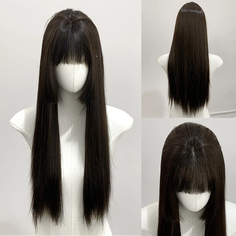 

Wig Princess Cut Female Long Hair Straight Hair Dark Tea Daily Fashion Natural Realistic Full Headgear
