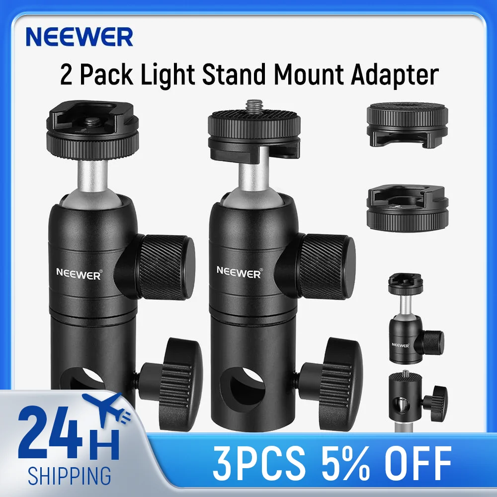 

NEEWER 2 Pack Light Stand Mount Adapter with Cold Shoe, 1/4" Screw Mini Ball Head, Reversible Mount Plate