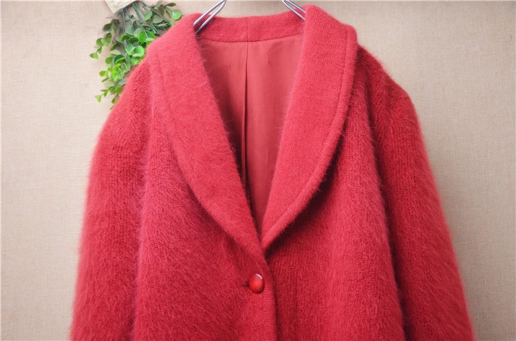 Ladies Women Autumn Winter Clothing Hairy Soft Angora Rabbit Hair Knitted Turn-Down Neck Long Sleeves V-Neck Loose Cardigan Coat - view 2