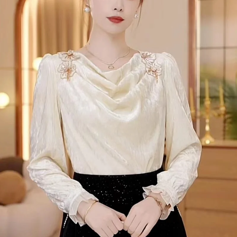 Women Winter New Round Neck Pullover Chiffon Shirt Fashion Elegant Embroidered Solid Shirt Slim Fit Versatile Long Sleeved Tops