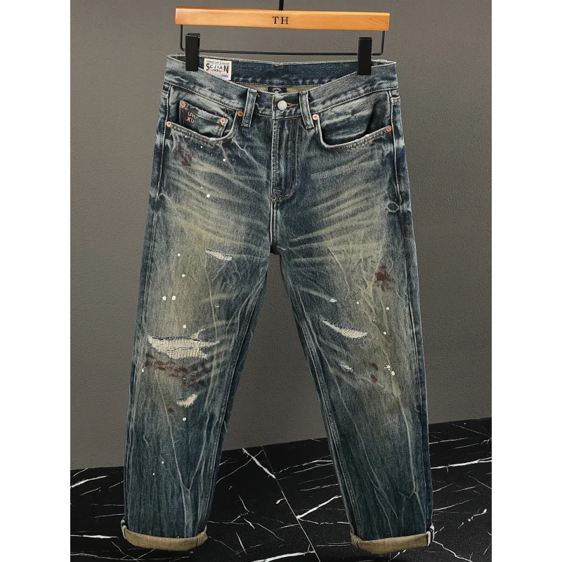2025 Heavy Retro Jeans Men with Ink Splashing, Hole Patching, Fashionable Street Nostalgia, High end Loose Straight Pants