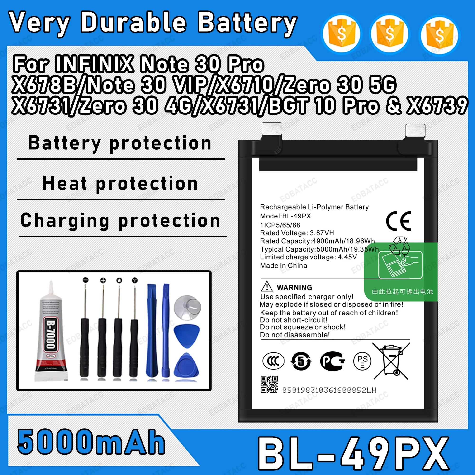 5000mAh 100% New BL-49PX Battery For infinix Note 30 Pro/X678B/Note 30 VIP Replacement Bateria+Free Tools