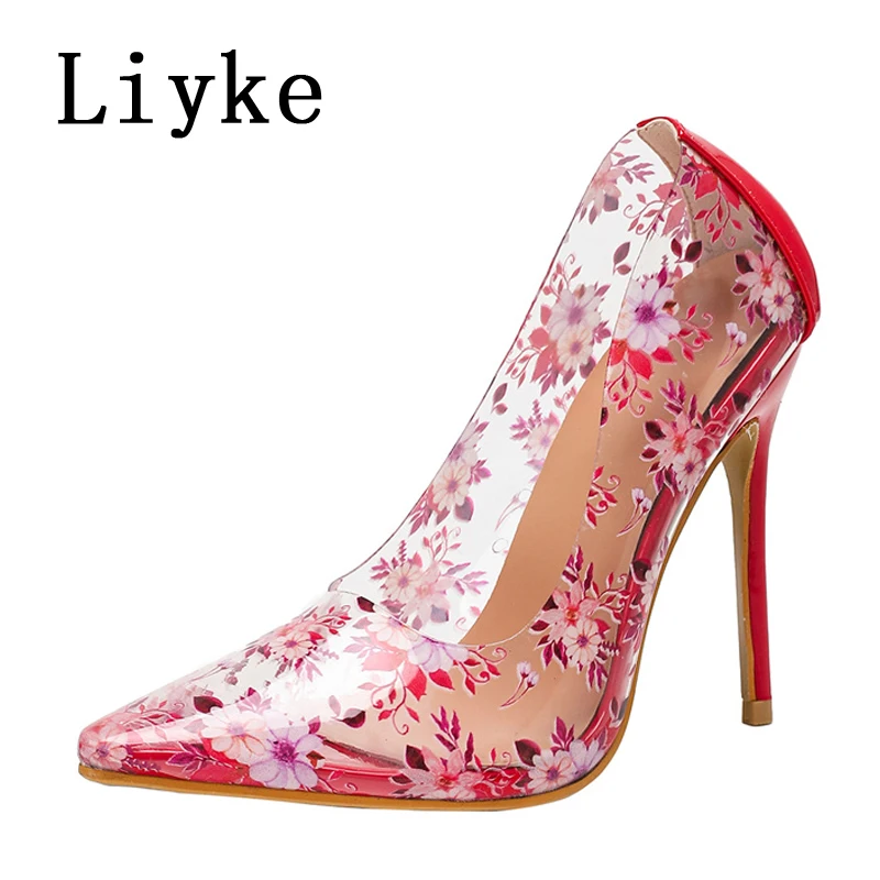 

Liyke New Design Print Flower PVC Transparent High Heels Sexy Shallow Pointed Toe Stiletto Party Prom Shoes Women Puoms Size 42