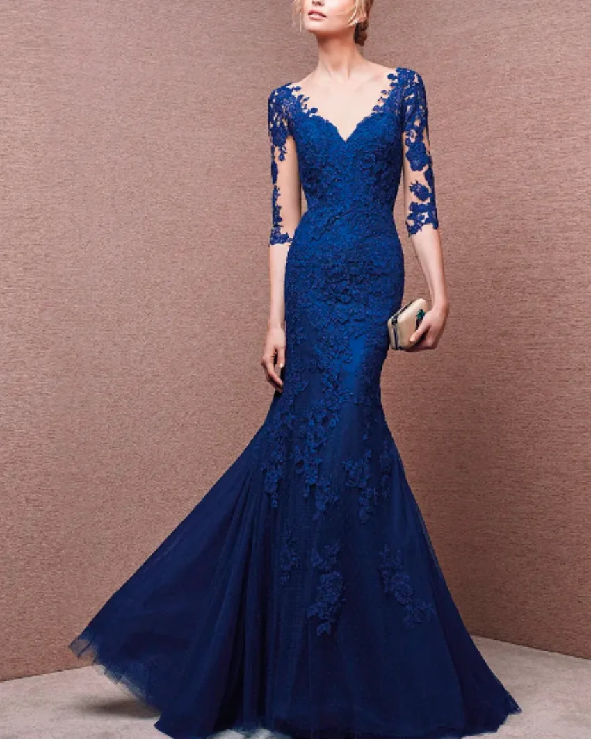 Othray V-neck Half Sleeves Tulle Lace Plus Size Groom Long Mother Dresses For Wedding Blue Mother Of The Bride Dresses Mermaid