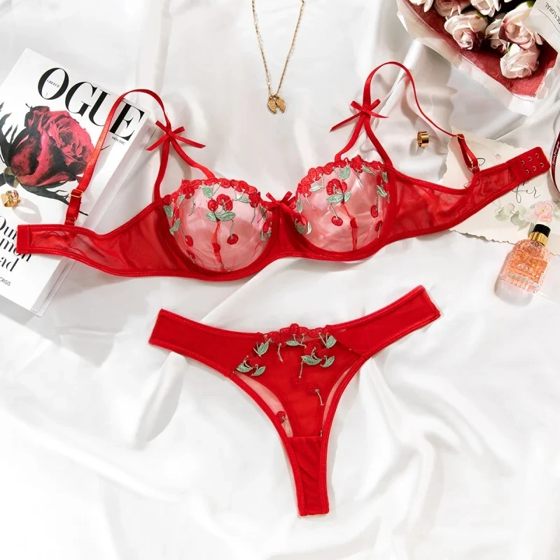 Bikini Embroidered Bow Bra Set Ultra-Thin Mesh See-Through Sexy Lingerie for Women