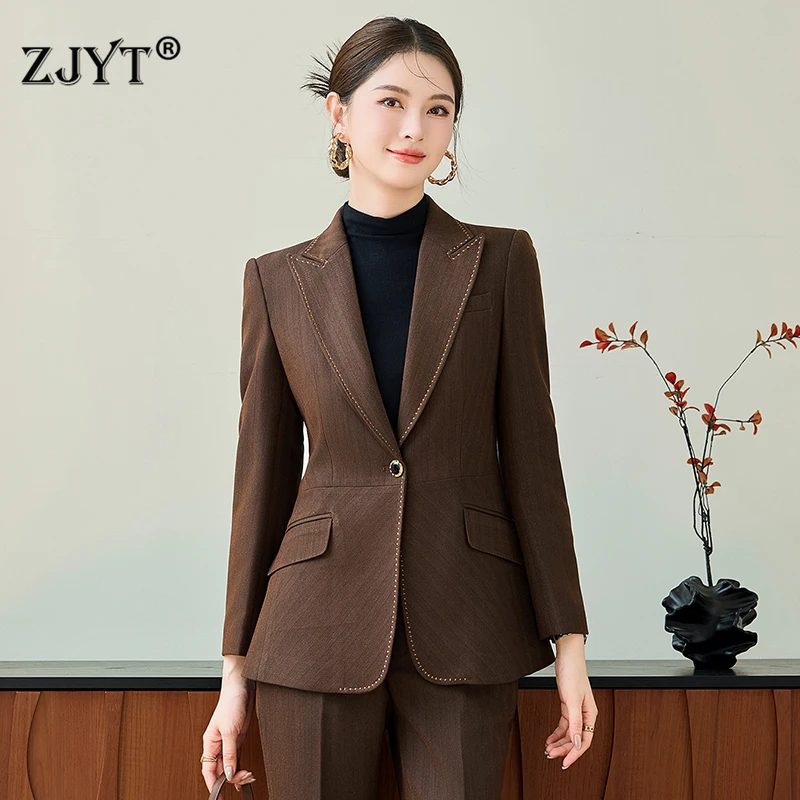 

ZJYT Elegant Chic Business Office Blazer Set Women 2 Pieces Outfits Autumn New 2025 Designer One Button Jacket and Trousers Suit