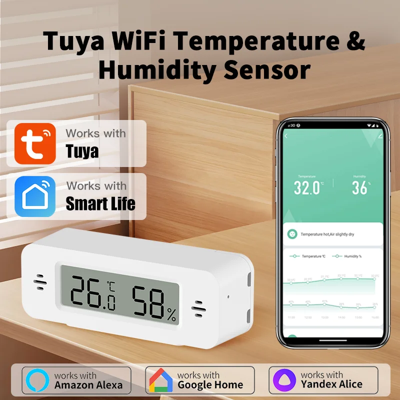 

Tuya WiFi Mini Temperature Humidity For Smart Home Thermometer Hygrometer APP Remote Alarm Work with Google Home Yandex Alexa