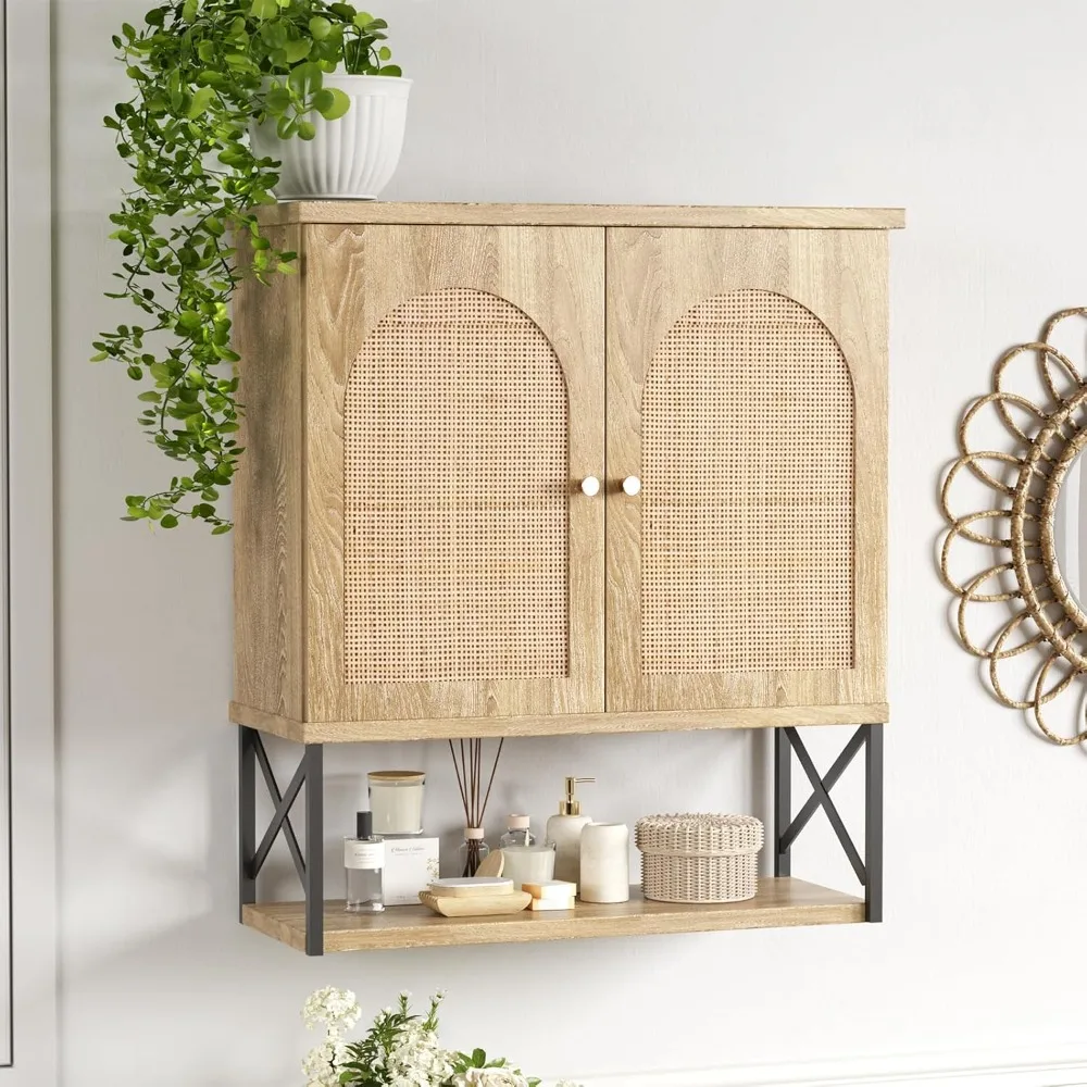 

Rattan Bathroom Wall Cabinet with Double Doors, Boho Medicine Wall Cabinet with Adjustable Shelves, Tall Kitchen