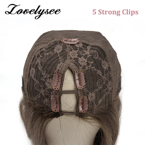 Imagen 2 del producto Pelucas con parte en V recta 180% de 14-28 pulgadas, cabello humano brasileño marrón claro para mujeres, peluca de cabello humano con forma de V 150%, sin encaje y sin pegamento