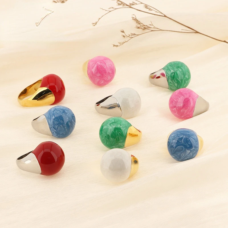 21mm Fashion Muticolor Drip Glaze Rings for Women Girl Gold Silver Color Stainless Steel Chunky Ring Femme Jewelry Wholesale