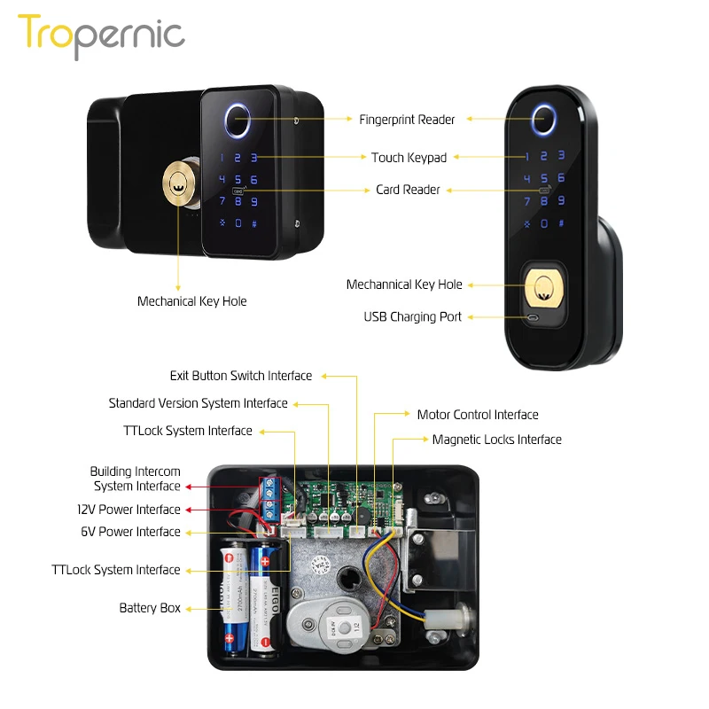 Smart Lock impermeabile per cancello Outdoor Keyless Electric Rim Wifi Double Sided Fingerprint Reader Lock con App Ttlock