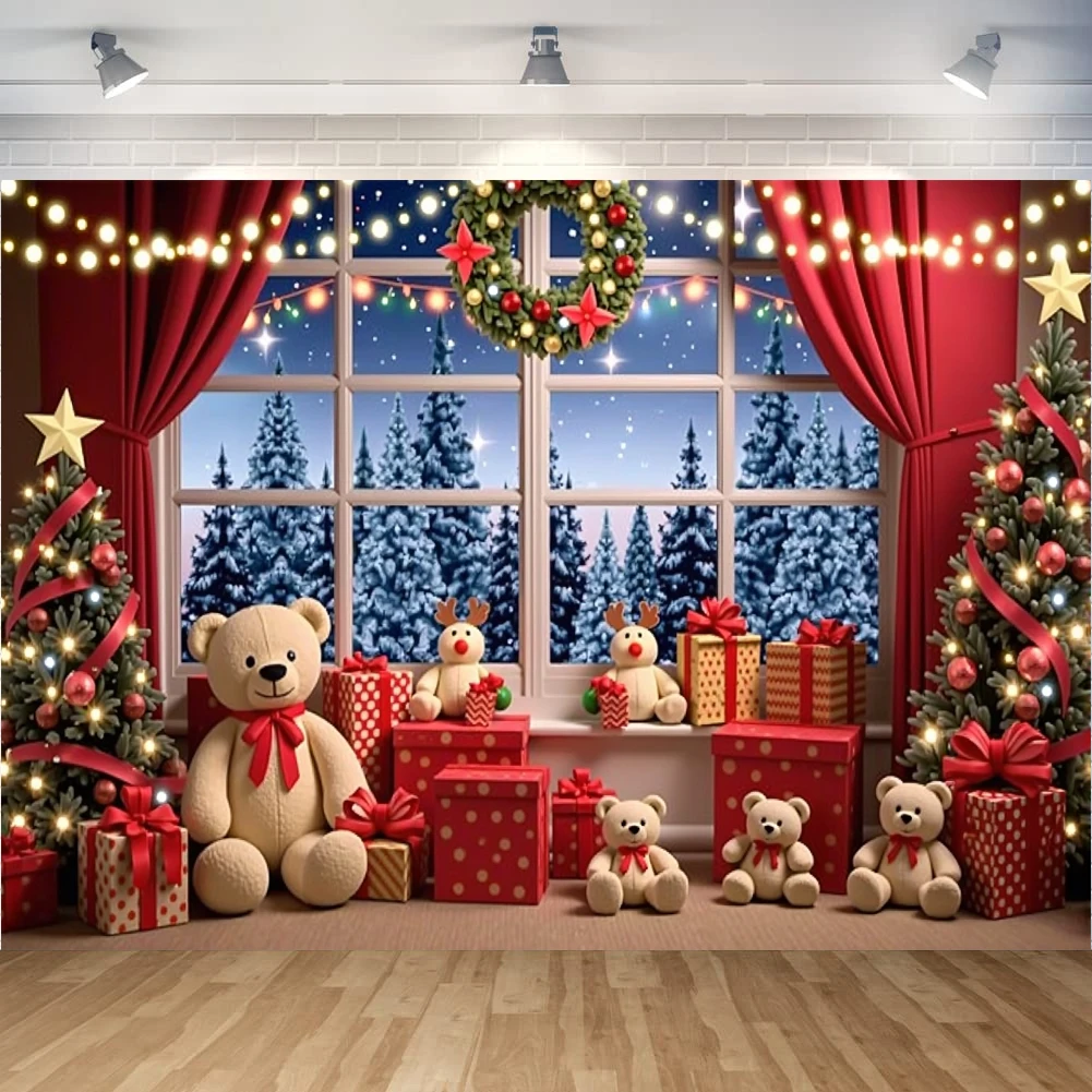 Christmas Party Banner Windows Bears and Gifts Backdrops Red Curtain Starry Sky Kids Family Photography Xmas Wall Backgrounds