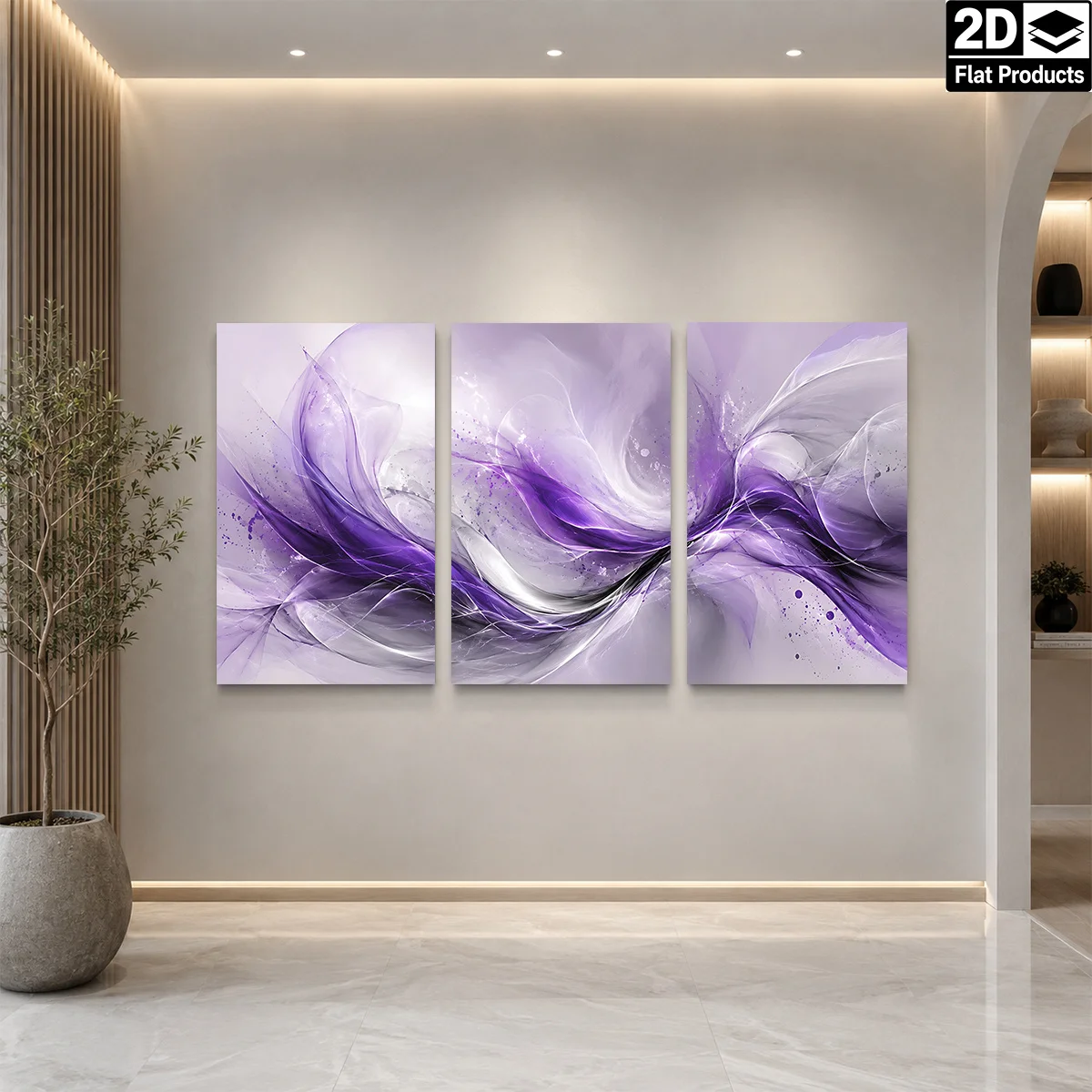 Frameless canvas 2D Flat 3pc  Wall Art – Three canvas panels with purple and white abstract flowing patterns perfect for aest
