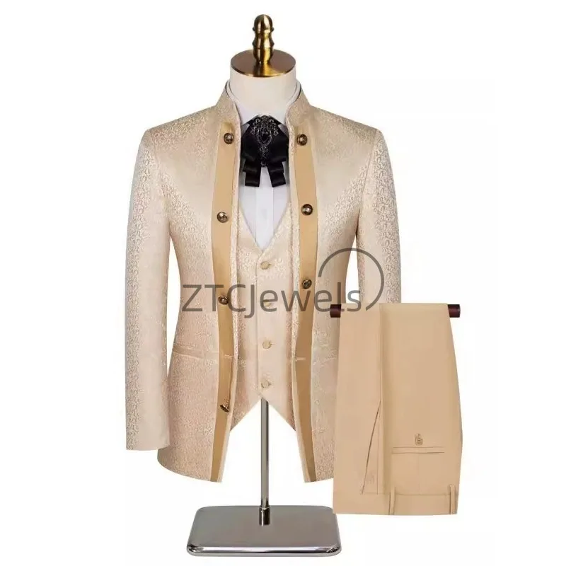 2026 New Chinese Style Men's Suit with Green Fruit Collar and Dark Flower Banquet Wedding Set Groom and Groomsman Gown 3Pc Set view 4