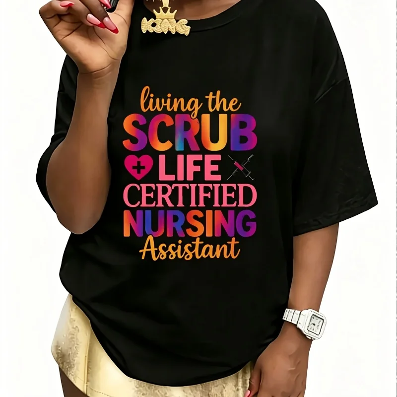 Living the Scrubs Nursing Assistant & Cna Women's 100% Cotton T-Shirt Fun Print Short Sleeve Top Casual Round Neck Tee S-5Xl
