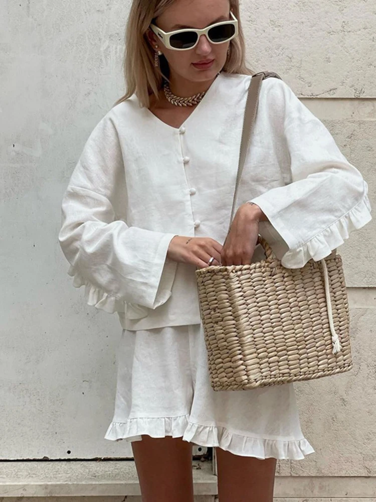 2023 Summer New Shorts Suit Women Beige Wood Ear Loose Casual Shirt High Waist Shorts Two Piece Set For Women Long-sleeve Sets
