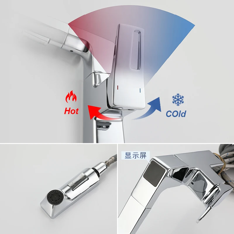 Digital Display Pull Out Faucets Two Modes Bathroom Vanity Sink Faucet Deck Mounted Single Handle Hot and Cold Mixer Taps Chrome