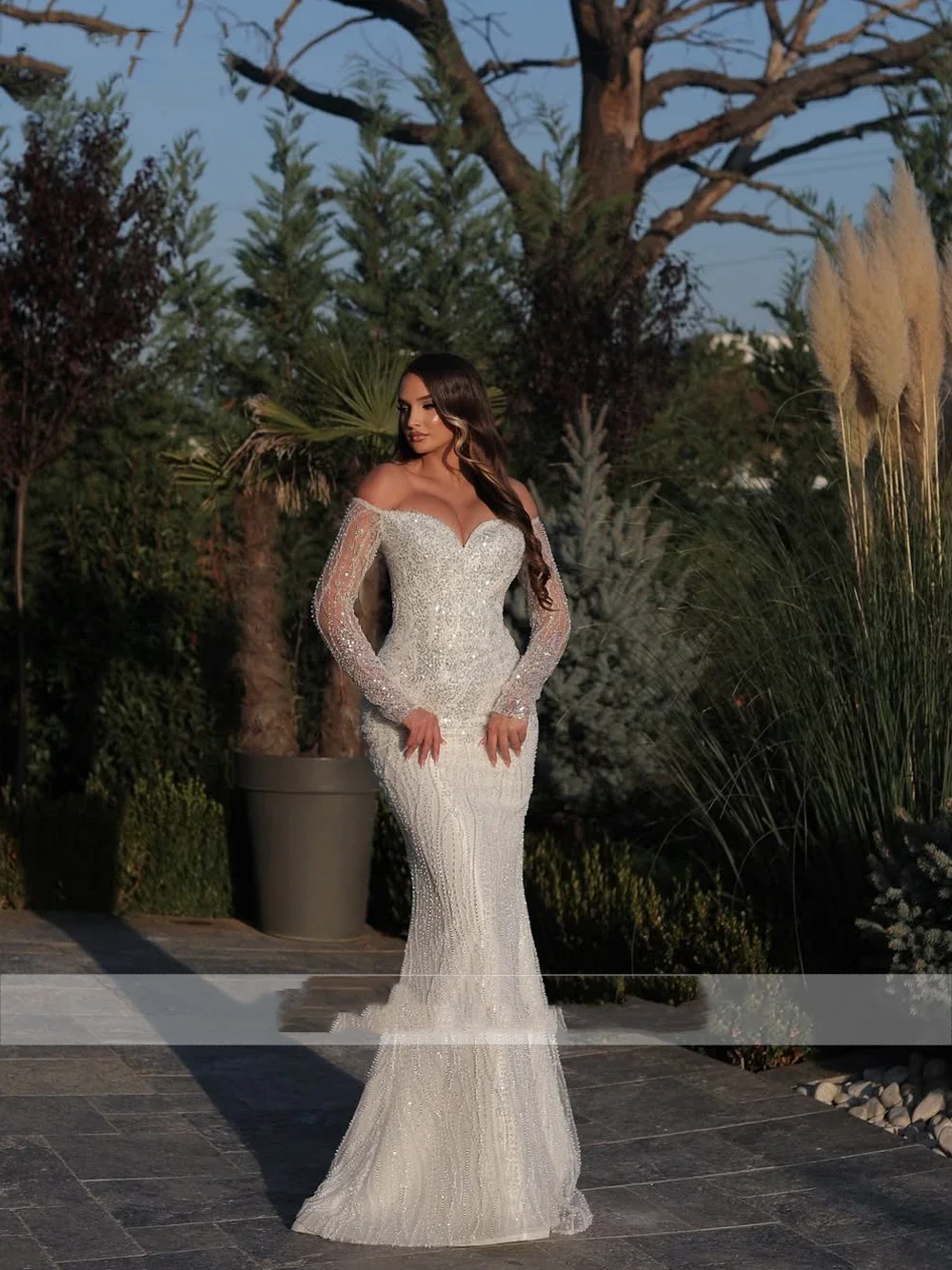 Flavinke Customized Sweetheart 2 In 1 Mermaid Wedding Dresses Off Shoulder full sleeves Shiny Beading Appliques Bridal Gowns