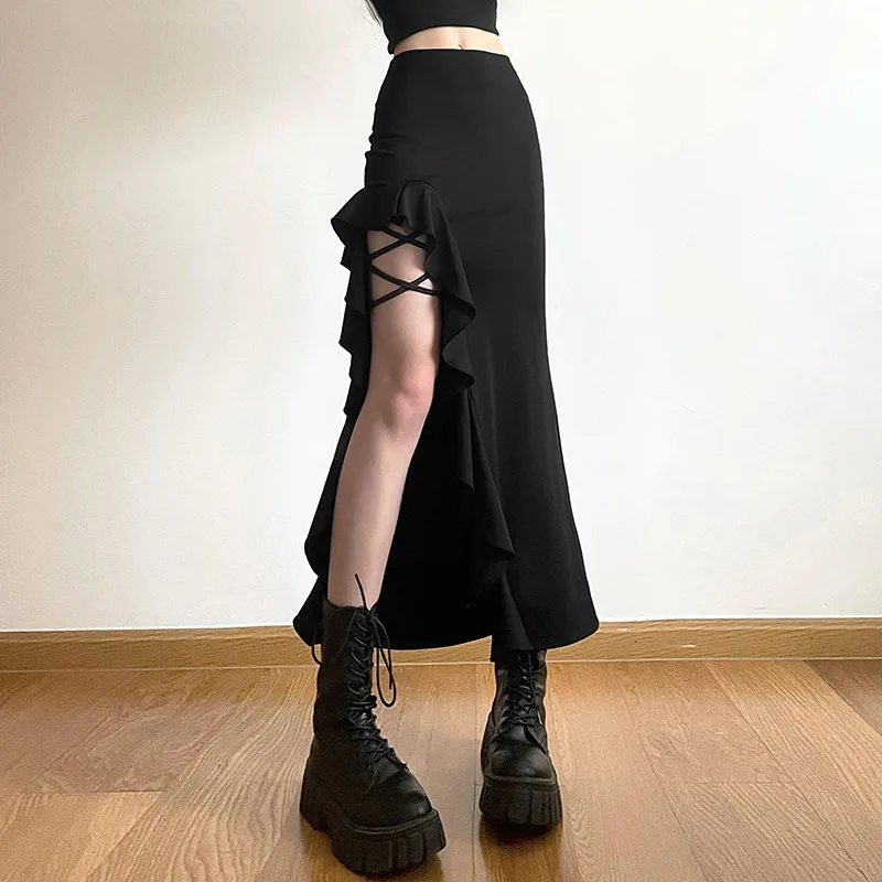 

Solid Black High Waist Bodycon Mid Skirt Gothic Girl Punk Ruffles Split Ruffle Edge Skirts Y2K Fashion Women Streetwear Bottoms