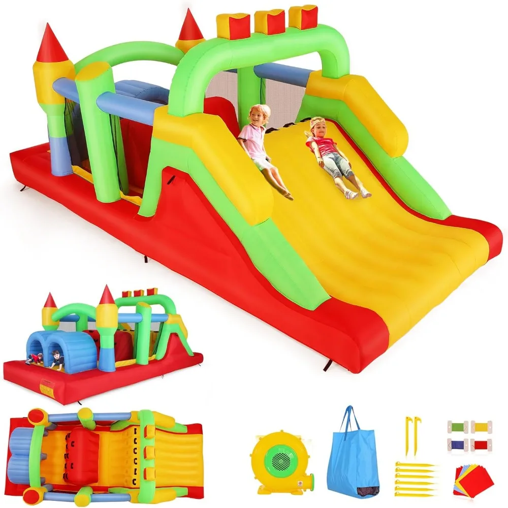 

Inflatable Obstacle Course Bounce House for Kids 3-12 with Blower, 18 x 8.2FT Large Blow up Bouncer Castle w/Dual Tunnels, Wide