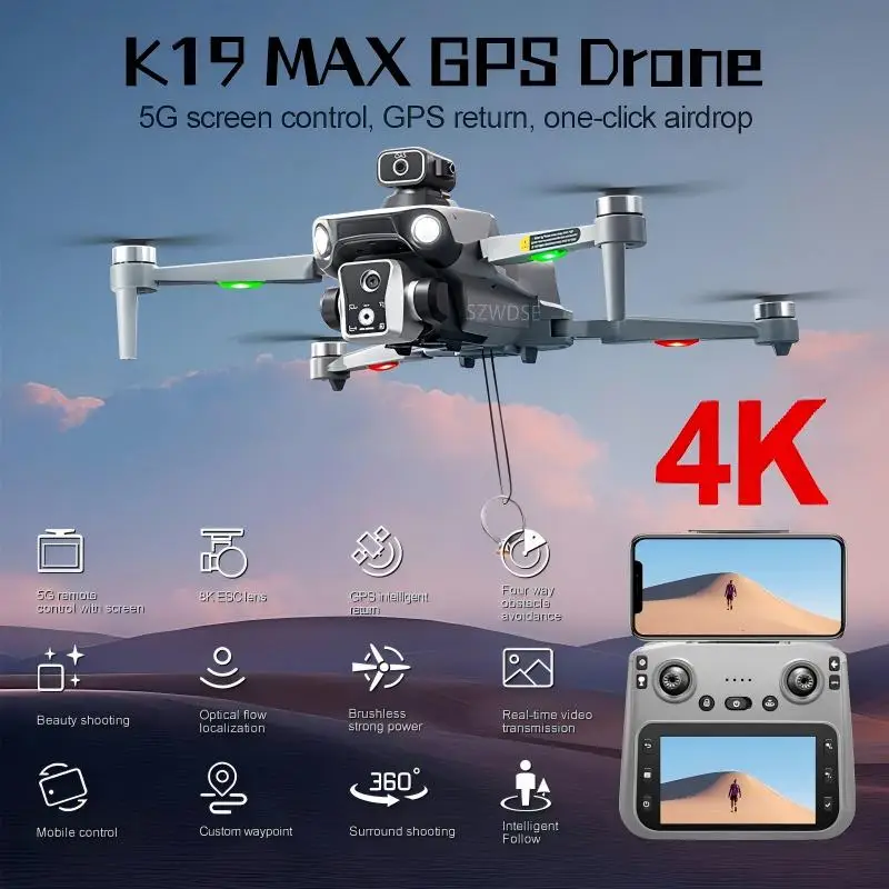 New K19 MAX GPS Drone Professional 4K HD Dual Camera, 5G WiFi & Large Screen, Obstacle Avoidance, Foldable Airdrop FPV Brushless