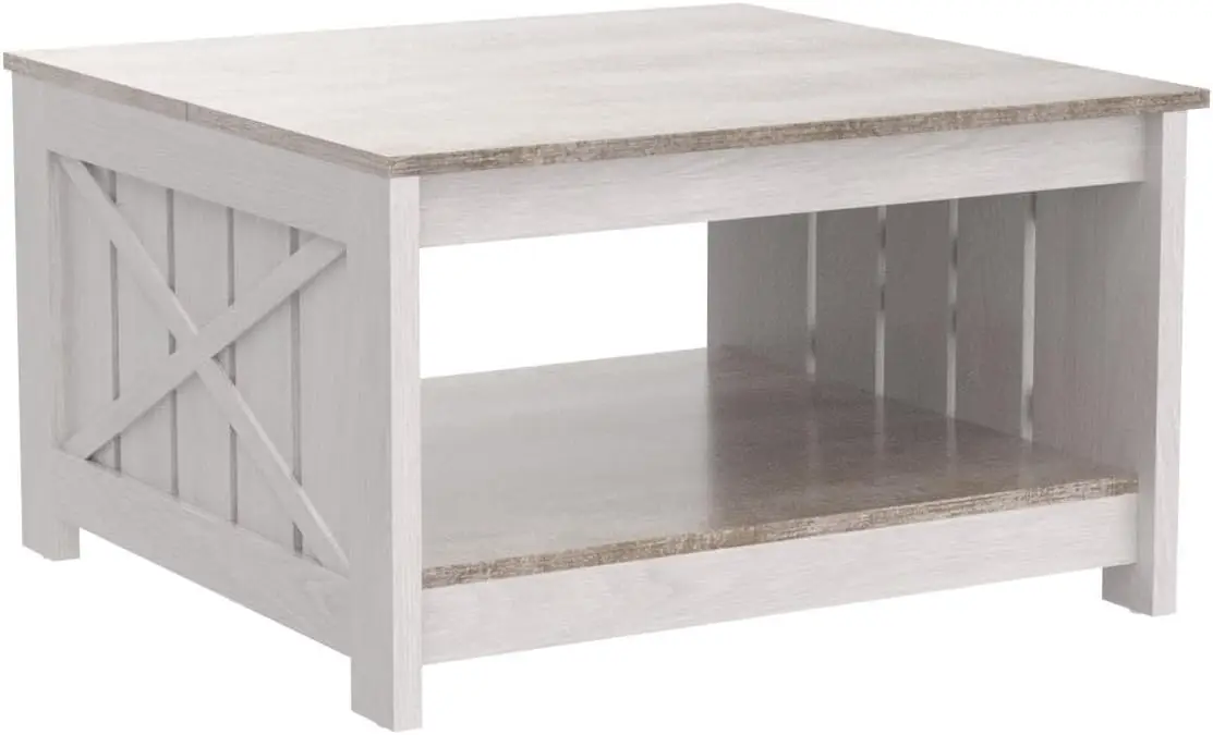 Farmhouse Coffee Table Rustic Wood Cocktail Table,Square Coffee Table W/ Half Open Storage Compartment,Grey Wash