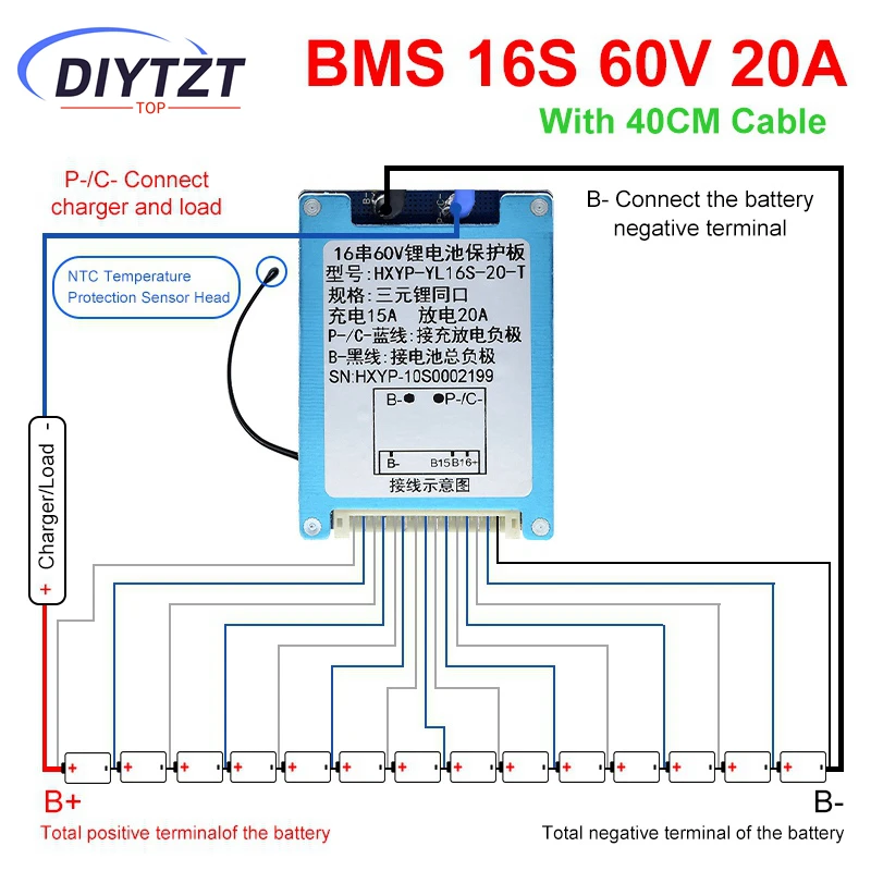 BMS 16S 60V 20A Lmo الثلاثي ليثيوم أيون 18650 لوح حماية شحن البطارية مع بالوعة الحرارة مع مقاومة NTC #4