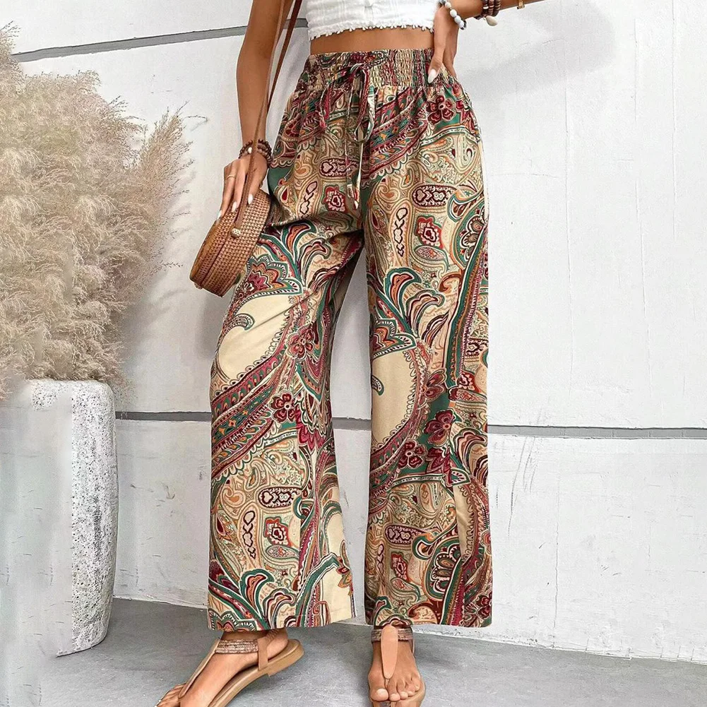 กางเกงขายาวเอวสูงลายแฟชั่น สไตล์ลำลองสำหรับผู้หญิง ใส่สบาย เหมาะกับฤดูใบไม้ผลิและฤดูร้อน ขอบเอวยางยืด สไตล์โบฮีเมียน เหมาะกับใส่ไปเที่ยวชายหาด