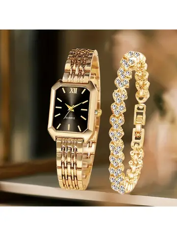 Conjunto de 2 Peças: Relógio Feminino Retangular de Quartzo com Mostrador Roma e Pulseira de Strass – Presente para Mulheres e Meninas