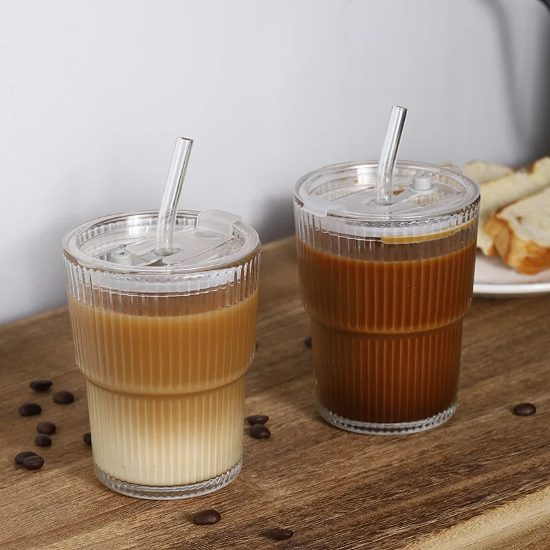 

450ML Stripe Glass Cup with Lid and Straw Transparent Drinking Glasses for Juice Iced Coffee Water Cup Outdoor Drinkware Mug