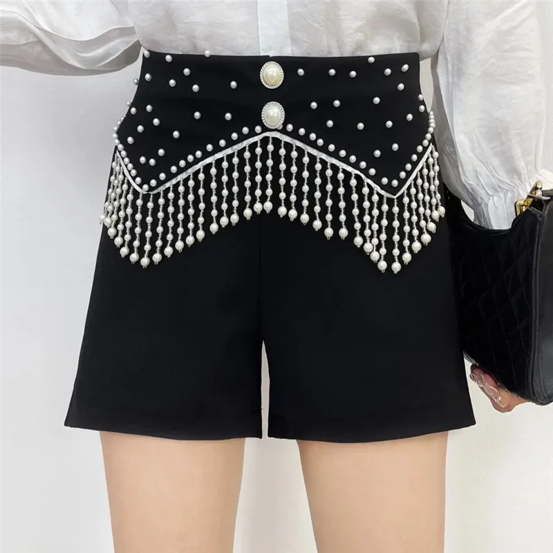 Tassel Beading Shorts Women Clothing 2023 New Harajuku Buttons High Waist Short Mujer Fashion Black Pantalones Cortos