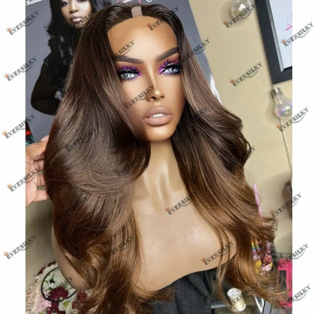 Brown Ombre Honey Brown 100%Brazilian Human Hair Wig U Part Wig Natural Wave Baby Hair V Part Wig Human Hair Preplucked Glueless