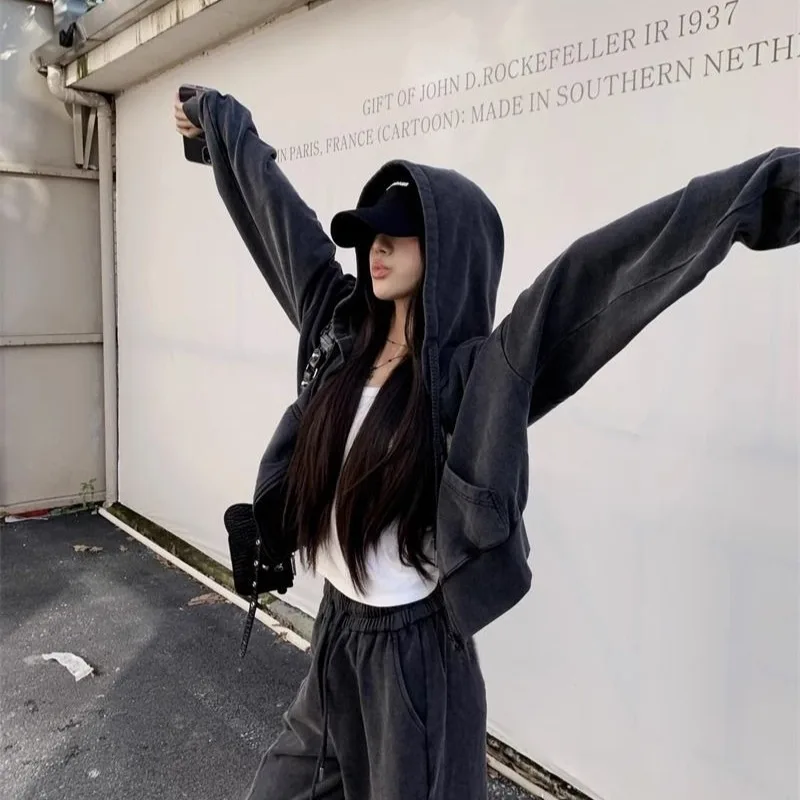 2025 nuove donne allentate con zip americana felpa con cappuccio lavata vintage nero grigio autunno inverno moda casual streetwear