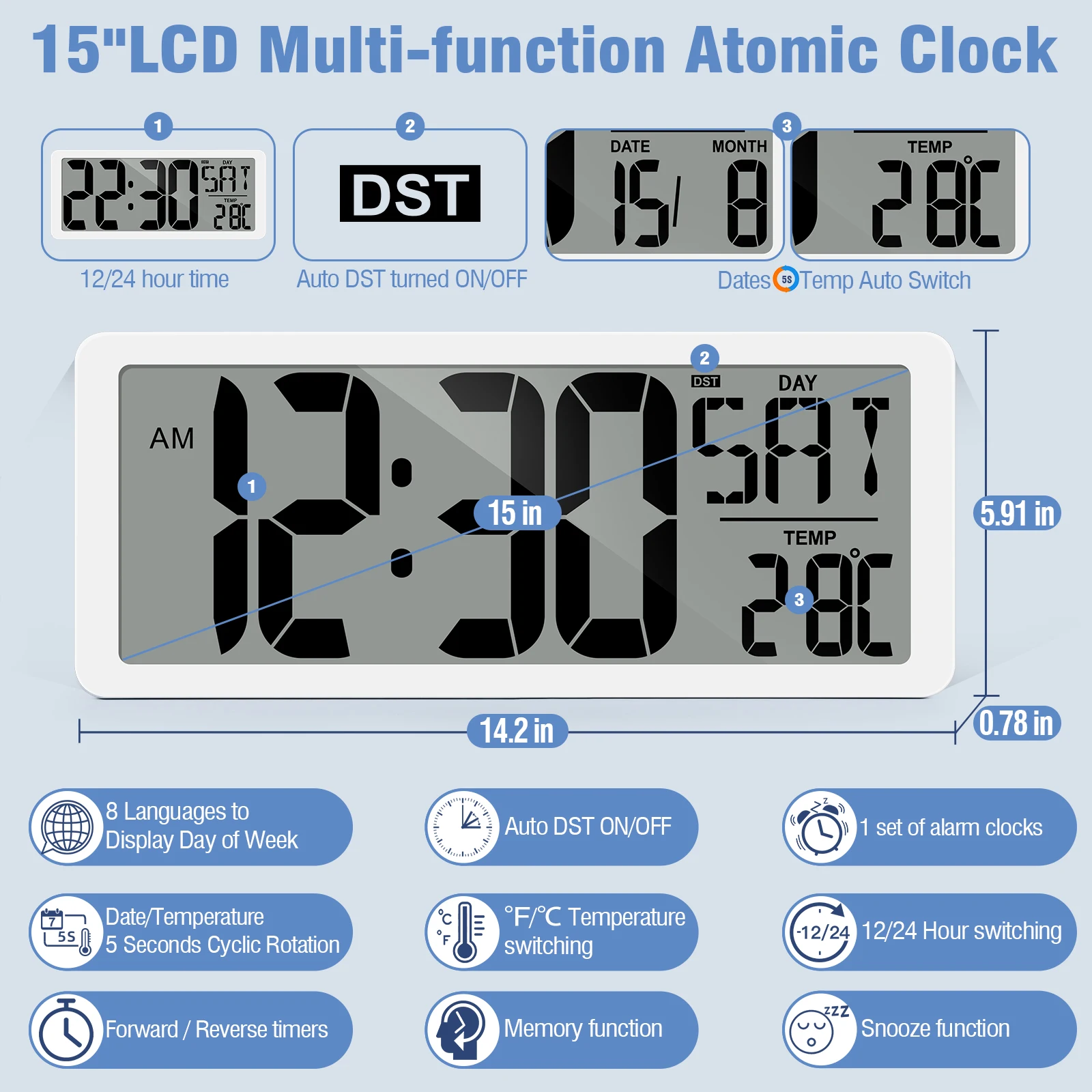 TXL 15-Inch Large Digital Wall Clock with Alarm Timer And Calendar Features Indoor Temperature Display for Home Office Decor
