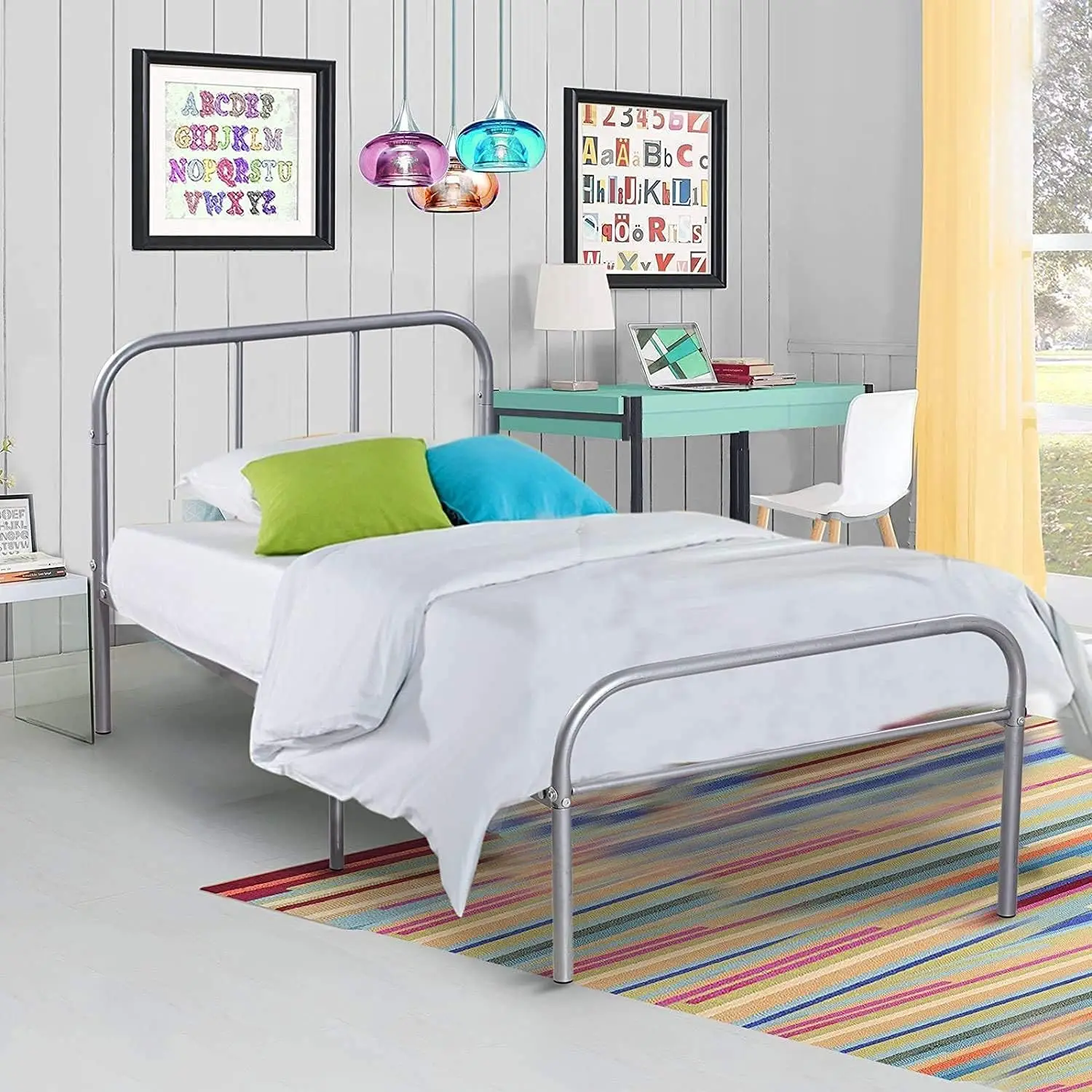 Cabecero y pie de cama doble de Metal, listones de Metal sólido y resistente, cama individual con almacenamiento, plataforma de marco de cama de 6 patas sin caja